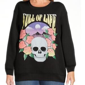 Wound Up Black Sweatshirt Women’s “Full Of Life“ Size XL (15-17) Skull Pink Rose